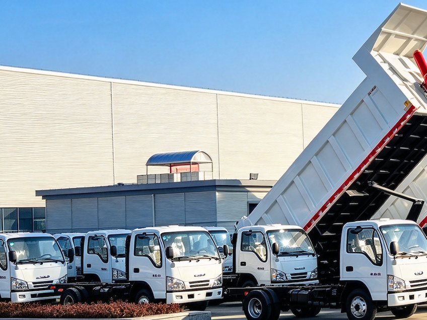 A white tipper truck photographed in a plant yard with its body raised, beside a row of further units.